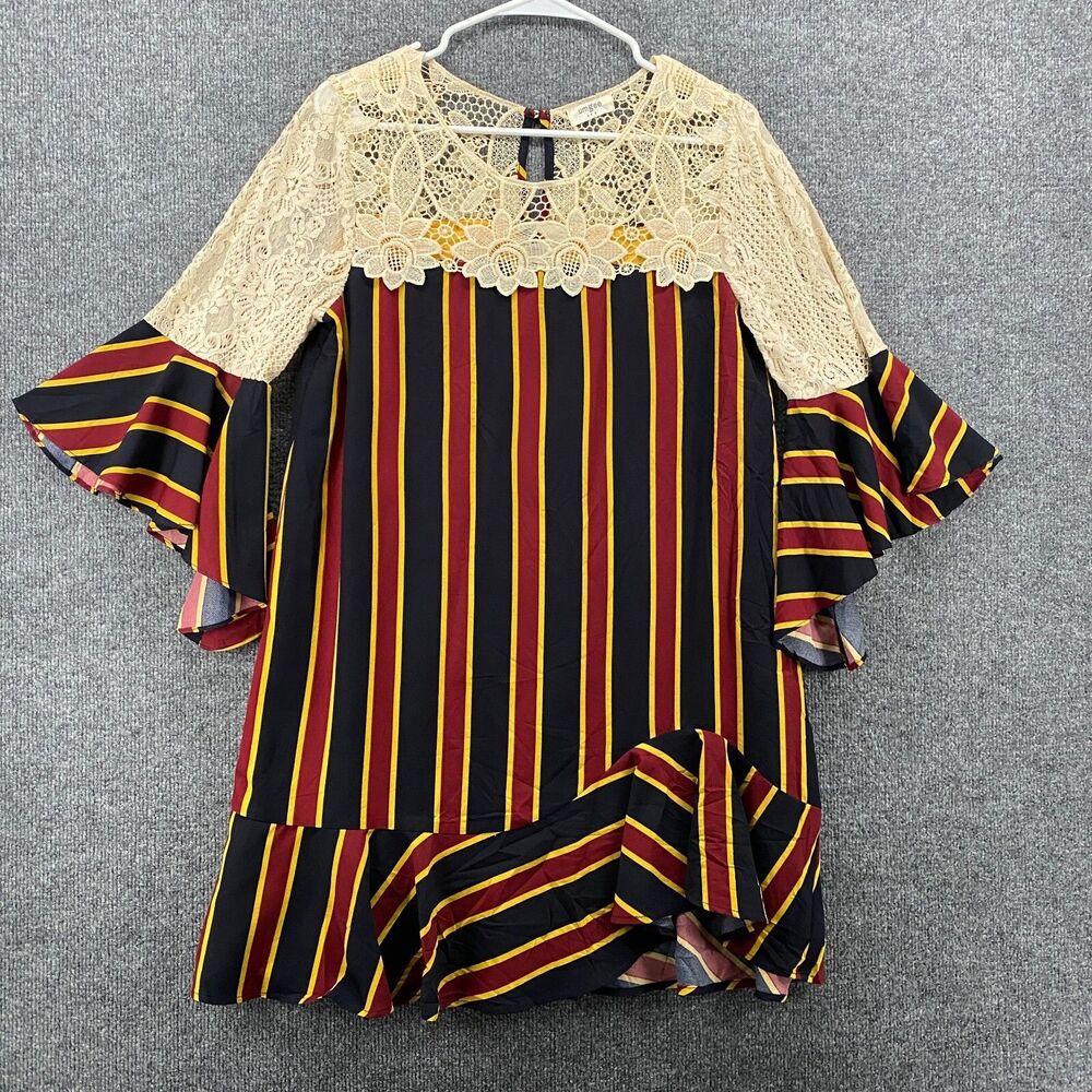 UMGEE Dress Womens S Striped Shift Lace Crew Neck Bell Sleeve Hippie Boho Gypsy